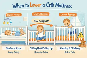 Baby standing in crib showing the milestone when to lower a crib mattress