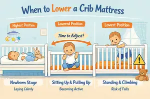Baby standing in crib showing the milestone when to lower a crib mattress