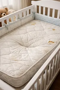 Crib mattress showing signs of wear and sagging inside a baby crib