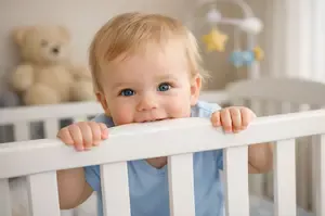 Baby standing in crib gently chewing the top rail during teething phase