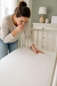 crib mattress being checked for odor and moisture in a clean nursery