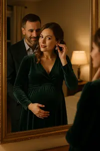Pregnant woman in an elegant green velvet dress getting ready for a winter evening while her husband admires her reflection in the mirror