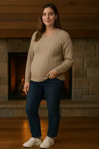 Comfortable casual winter maternity outfit with cozy cable-knit sweater, dark maternity jeans and white sneakers by a fireplace