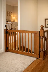 Wood baby gate installed between a nursery and staircase, showing a warm natural wood finish that blends with home trim