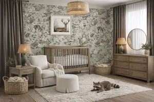 Woodland baby boy nursery with deer wall art, natural wood crib, and warm neutral decor