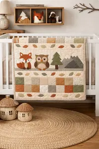 Woodland baby quilt pattern on a crib with fox and owl appliqué blocks in warm neutral nursery colors