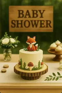 Woodland baby shower theme dessert table with a woodland cake and red fox forest animal cake topper
