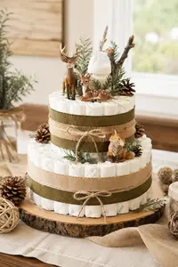 Elegant woodland diaper cake centerpiece with rustic forest animals and neutral baby shower decor
