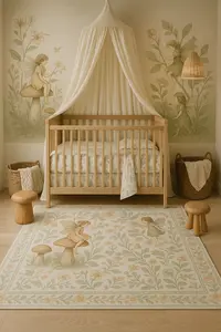 Woodland flower fairy nursery with an airy canopy crib, soft floral linens, mushroom stools, rustic baskets, and gentle natural forest colors