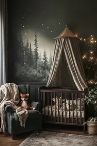 Woodland forest animals baby nursery theme with soft neutral colors, twinkling fairy lights, a wall mural and and cozy rustic decor