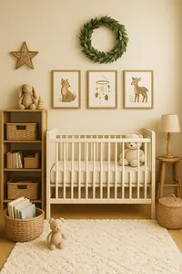 Warm woodland nursery with natural wood crib, soft neutral tones, textured rug, and cozy handcrafted décor