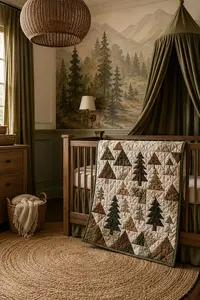 Woodland nursery patterns with a handmade baby quilt, crochet forest animals, mushrooms, leaves, and nursery decor ideas