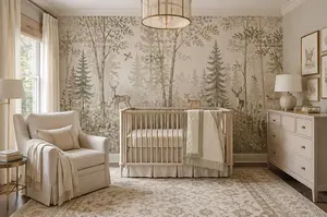 Woodland nursery wallpaper with serene misty forest style, muted neutral patterns with deer and forest creatures