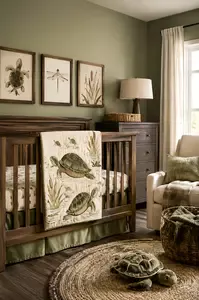 Woodland turtle nursery theme with dragonflies, pond inspired decor and earthy green colors