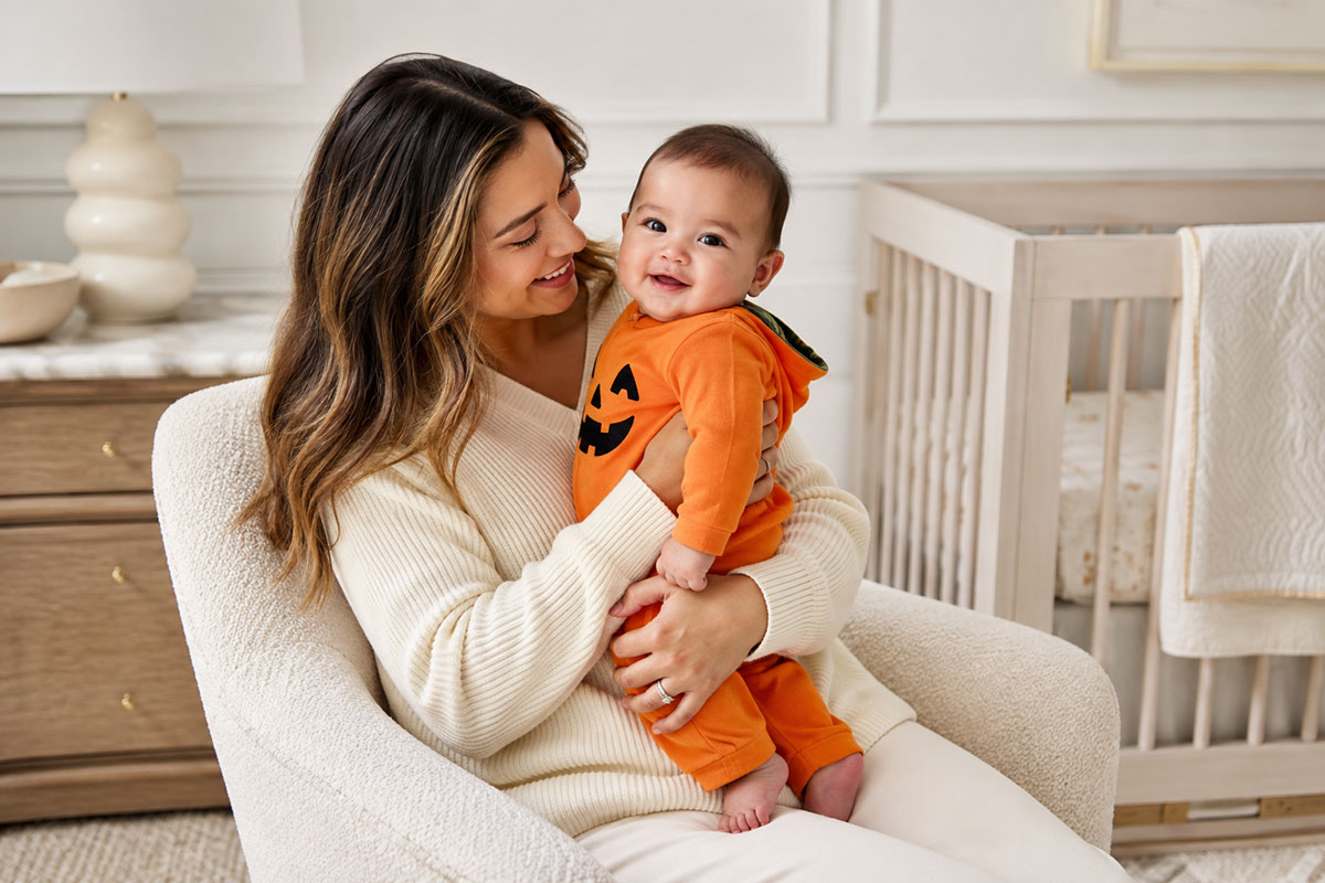 Young infant in a soft lightweight Halloween costume designed for being comfortably held
