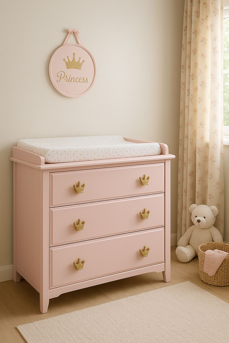 A repurposed pink dresser with golden crown knobs transformed into a baby changing table in a pretty princess-themed nursery with soft floral curtains and a teddy bear nearby.