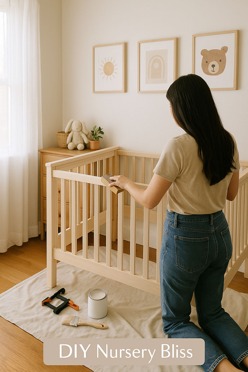 A mother with long dark brown hair sands a wooden crib in a bright, airy nursery with warm lighting and DIY tools nearby, creating a cozy handmade space for her baby.