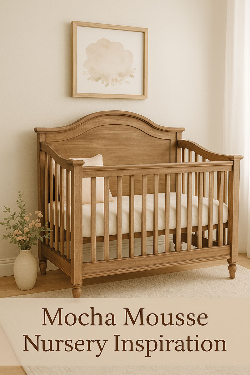 A beautifully refinished wooden crib with soft curves and a warm, handcrafted finish in a bright, airy nursery with neutral decor and natural light.