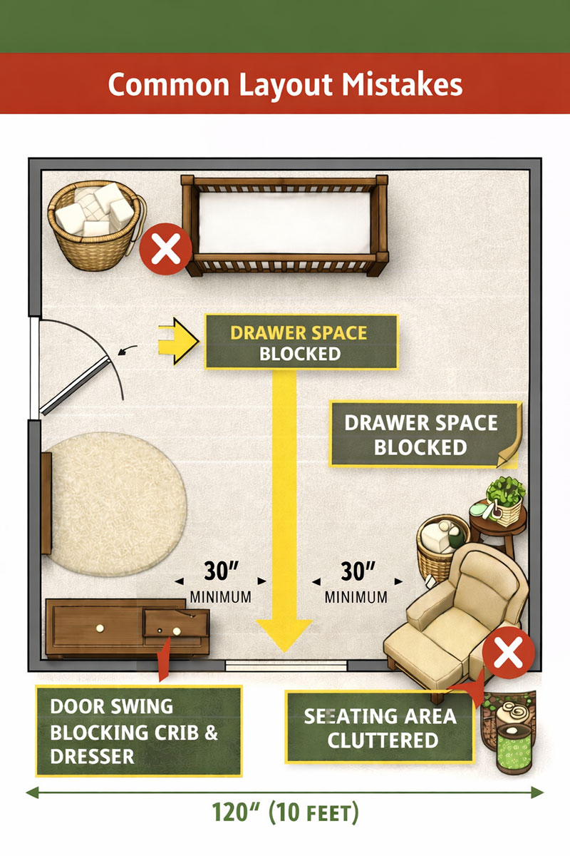 Top-down view showing common layout mistakes in a 10x10 nursery like blocked door swing and dresser drawers