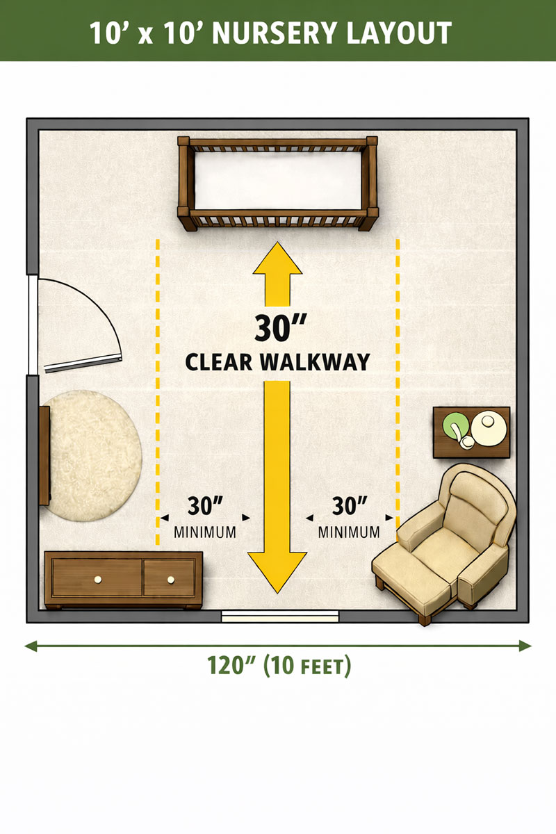 Simple diagram showing clear walkway clearance in a 10x10 nursery between door, crib, and dresser