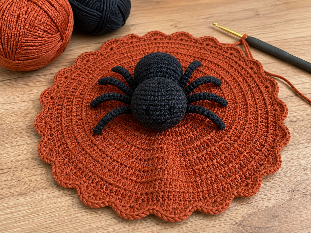Round crochet lovey blanket in progress with shallow raised rings and a simple scalloped border