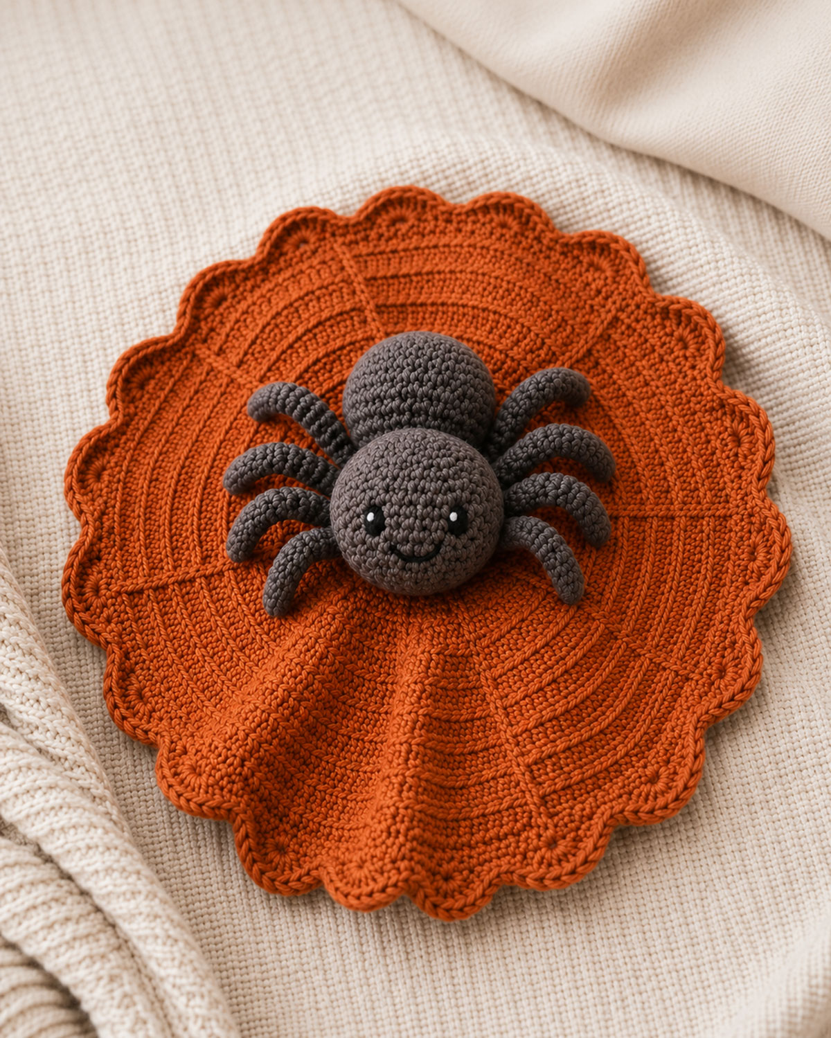 Completed crochet spider lovey with embroidered open eyes, eight yarn legs and a round scalloped Halloween blanket
