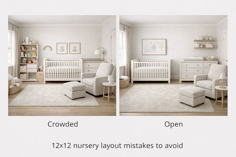 comparison showing crowded and open 12x12 nursery layouts to highlight common layout mistakes