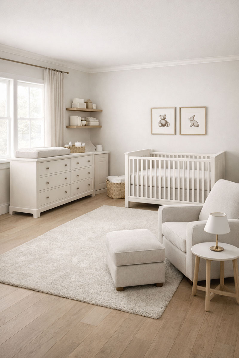 12x12 nursery layout with crib, dresser, glider, and open floor space