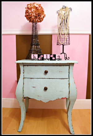 A unique shabby chic element with display in Annabella's exotic princess nursery theme.