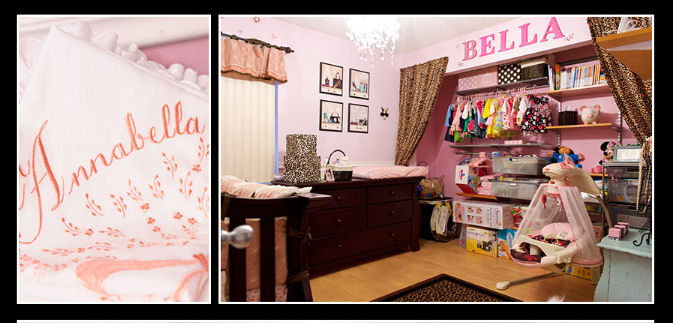 Baby girl princess nursery with pink and brown painted wall stripes, exotic leopard print fabrics and vintage decor