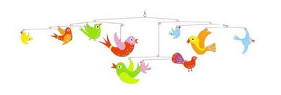 Colorful pink, green, yellow and blue baby bird crib mobile for a baby boy or girl birdy theme nursery.