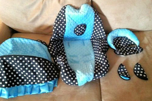 Baby blue and white polka dot infant car seat slip replacement cover.