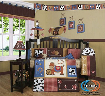 Baby boy western cowboy baby bedding set with 13 pieces in the collection including cow print crib bumper, applique patchwork crib quilt, wall decorations, toy bag and diaper stacker
