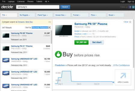 Decide.com Samsung plasma tv results