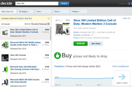 Decide.com Xbox 360 purchase recommendation