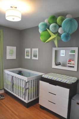 A modern gray and blue boy baby nursery accented with lime green.