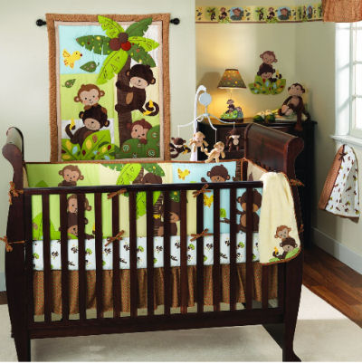 Green and brown tropical monkey jungle baby bedding and nursery decor