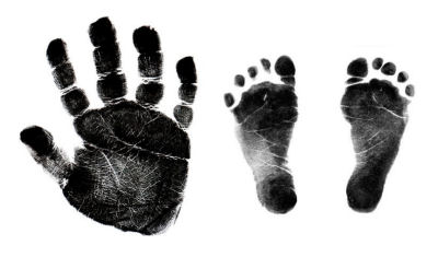Baby hand and footprints in black ink
