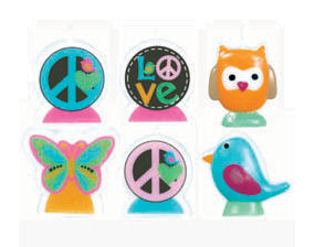 Baby blue bird, butterfly, orange owl and peace sign shaped candles