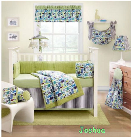 Lime green and black baby nursery crib bedding set.