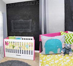 Colorful aqua blue lime green and yellow modern baby girl nursery with chalkboard wall paint 