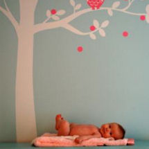 Pink and aqua or turquoise blue baby girl owl theme nature nursery with ivory tree wall decal