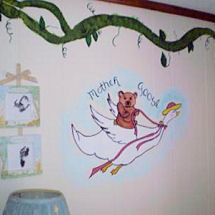 Baby girl Mother Goose nursery rhymes theme nursery with painted wall murals
