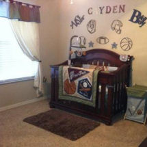 Baby boy allstar sports theme with soccer baseball football and basketball crib bedding set and nursery wall decals