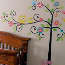 Owl baby nursery room wall tree decorating idea