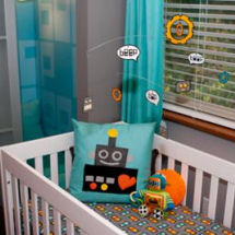 Robots nursery theme for a baby boy with robot wall art decorations crib bedding set and mobile