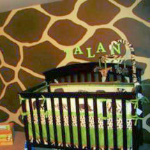 Chocolate brown giraffe and wild animal baby boy jungle safari nursery with jungle animal crib bedding set and giraffe print wall painting technique