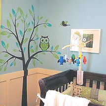 Owl theme baby boy nursery with custom Robert Kaufman owl fabric and minky chenille baby crib bedding set.