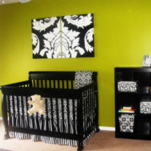 Baby girl nursery with lime green wall paint color and black and white damask crib bedding set