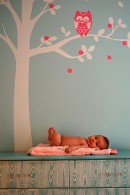 Baby nursery owl tree wall sticker decal in pink and blue for a baby boy or girl